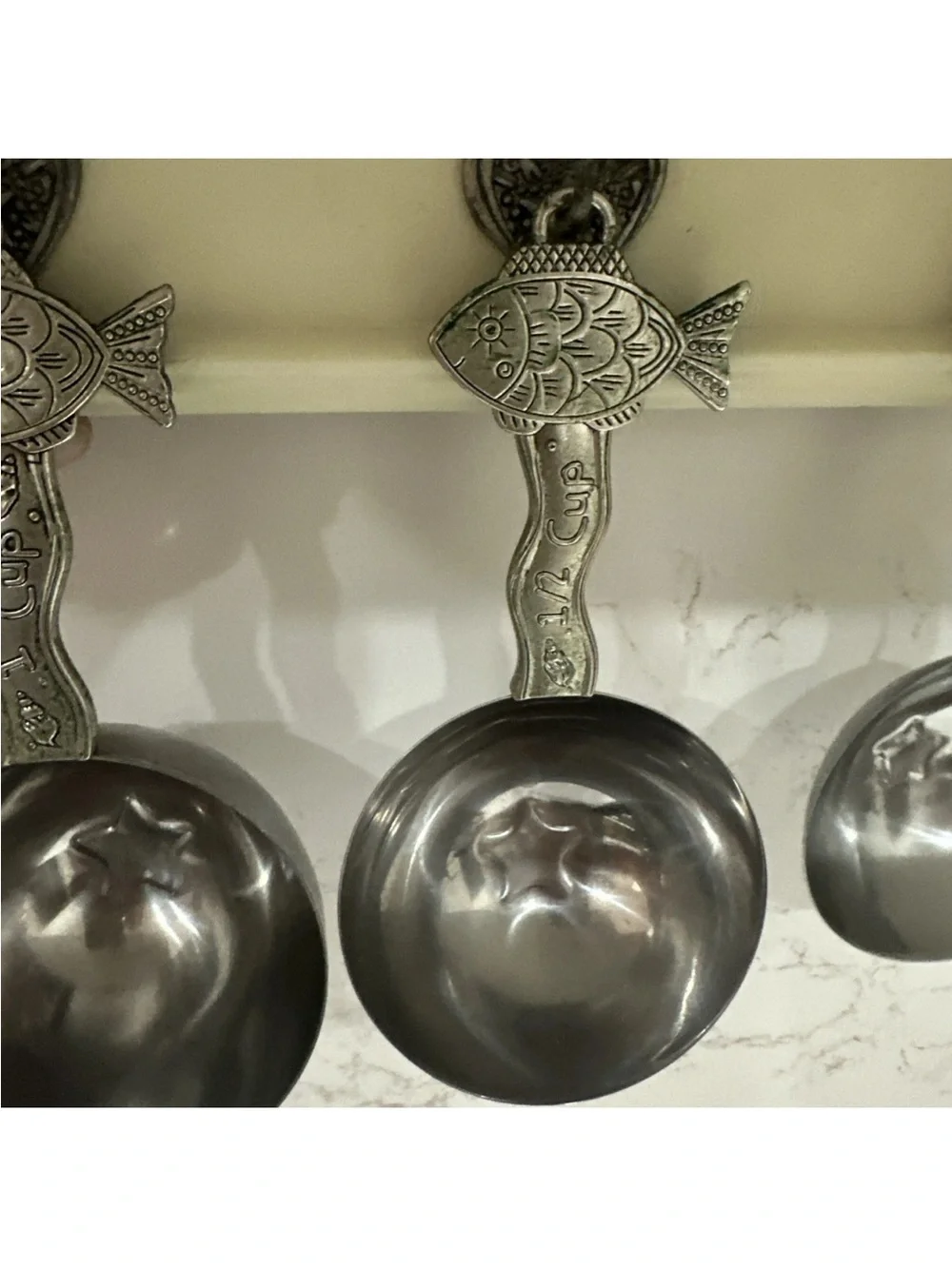 Vintage Silver Toned Fish Measuring Cups With Wall Mounted Hanger